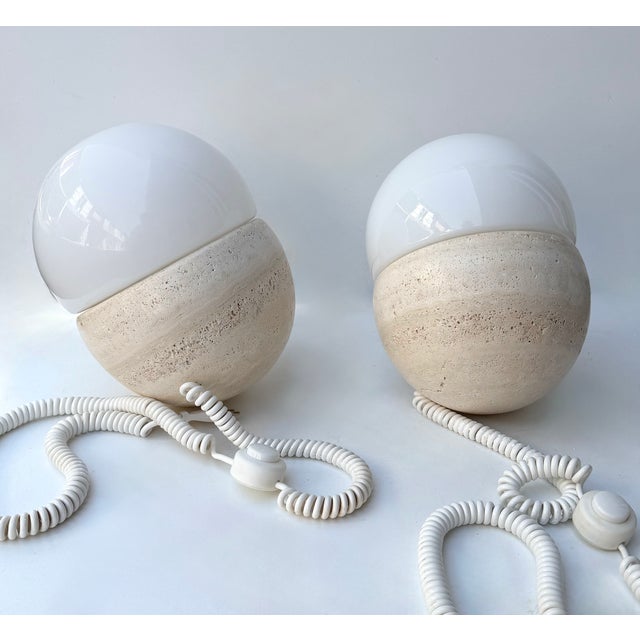 Cream Pair of Travertine and Opaline Glass Culbuto Lamps Italy, 1980s For Sale - Image 8 of 12