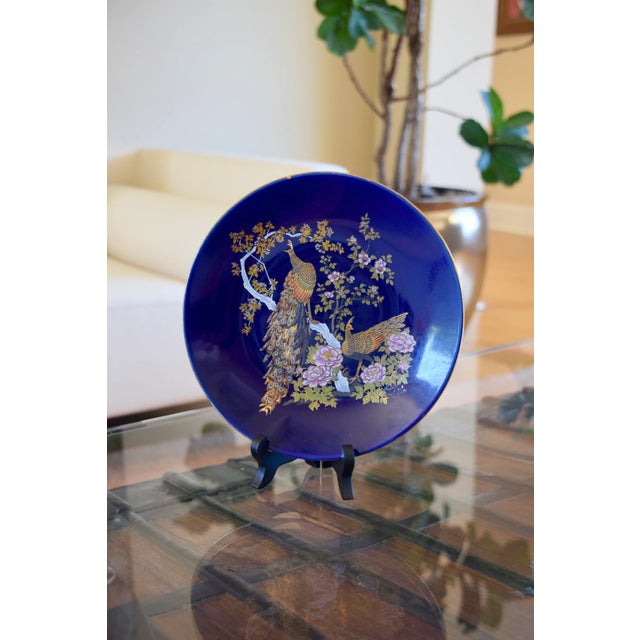 1970s Japanese Cobalt Blue Peacock Decorative Plate For Sale - Image 5 of 6