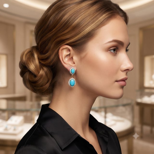Turquoise Natural Turquoise 3.05cts & Diamond 0.60cts Earring in 14k Gold For Sale - Image 8 of 8