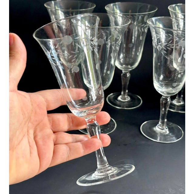 Transparent Vintage Willow Moon Water Gobblets, Set of 6 - By Pioneer - Mid Century Etched Tall Wine Champagne Glasses For Sale - Image 8 of 10