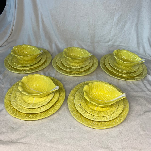 Mid-Century Modern 1970s Secla Majolica Pottery “Yellow Cabbage Leaf” - Serving for 5, 20 Pieces For Sale - Image 3 of 12