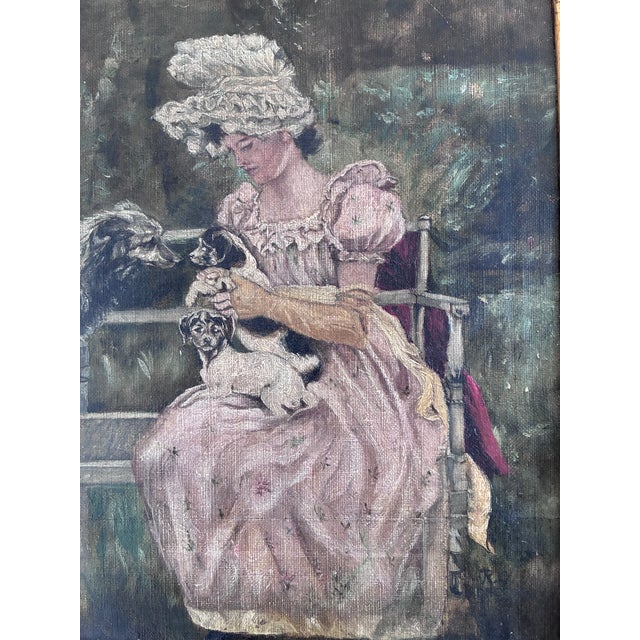 Antique Original Oil Painting of Woman With Dogs in a Garden For Sale - Image 10 of 16