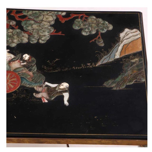 Maison Jansen Jansen Style Carved & Painted Chinoiserie Coffee Table With Brass & Steel Base For Sale - Image 4 of 5