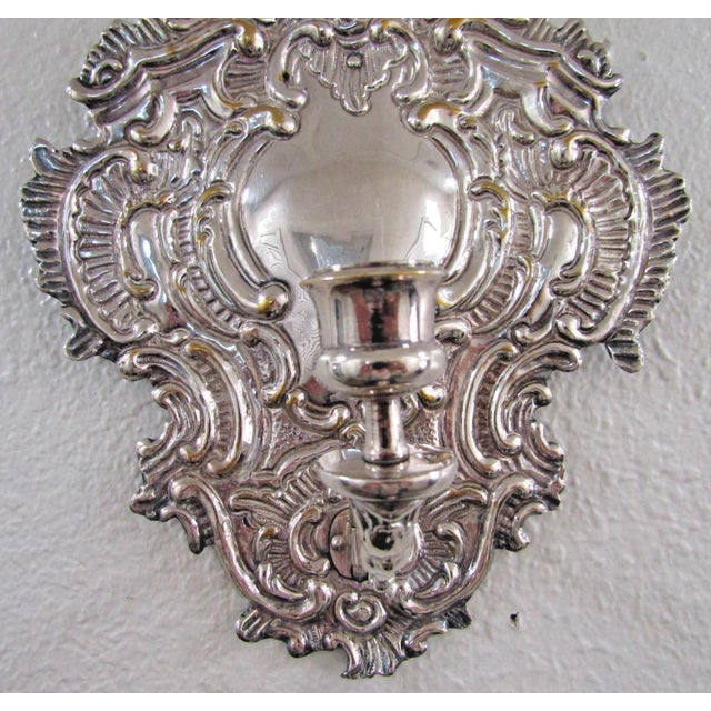 Silver Late 19th Century Matched Pair of Blaker Baroque-Style Repousse Silver Plated Brass Candle Sconces For Sale - Image 8 of 11
