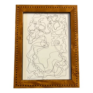 1980’s Original Vintage Wayne Cunningham Abstract Ink Drawing Burled Wood Tabletop Frame For Sale