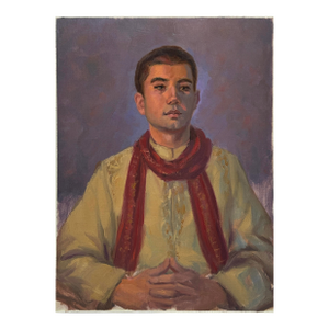 Vintage Realist Portrait of Young Man With Red Scarf (Oil on Canvas Paper)