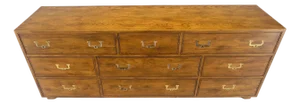 Henredon 9 Drawers Oak Campaign Style Long Dresser Credenza Brass Pulls