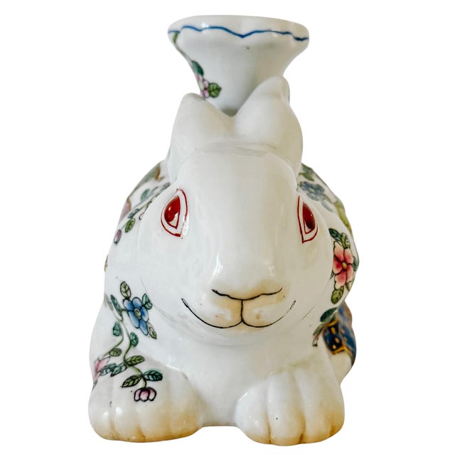 Vintage Hand-Painted Chinoiserie Tobacco Leaf Porcelain Rabbit Candlestick For Sale In San Diego - Image 6 of 10