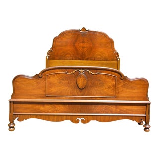 Antique French Louis XV Style Demilune Burled Solid Walnut Full Size Double Bed For Sale