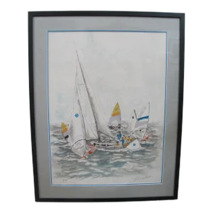 Urbain Huchet Coastal Signed Artist Proof Colored Lithograph People in Sailboats