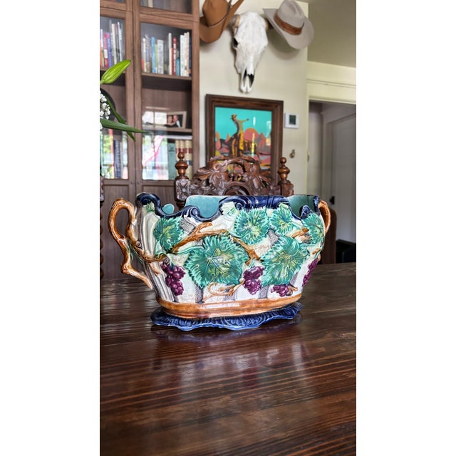Ceramic Vintage Majolica Grape Vine Jardinière Planter Cobalt Blue For Sale - Image 7 of 12