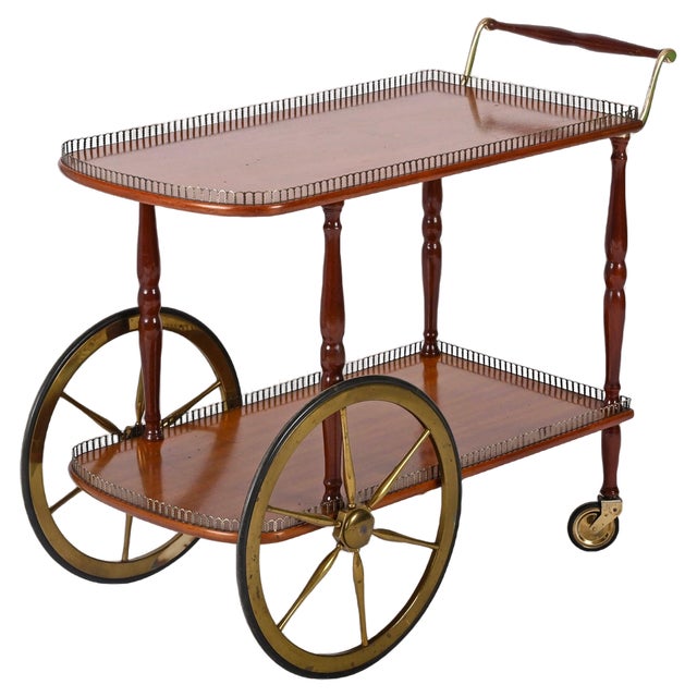 Mid-Century Italian Mahogany and Brass Serving Bar Cart, 1960s For Sale