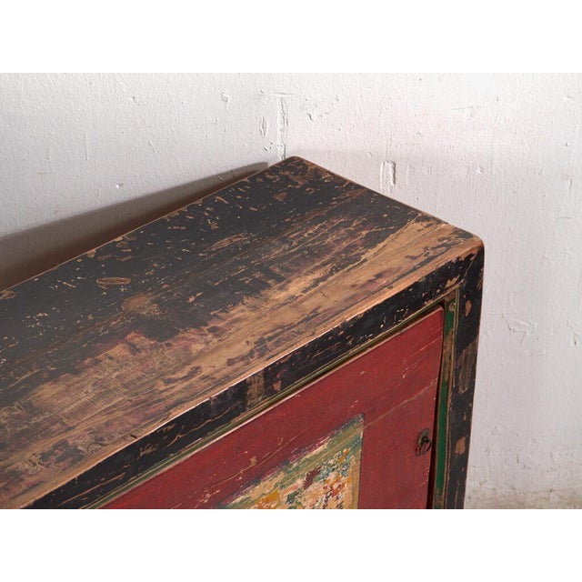 Antique painted sideboard in pine wood, Chinese provincial furniture with floral decoration originating from Gansu and...