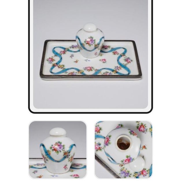 French Country Vintage St. Yves Paris Porcelain and Silver-Plate Inkwell Set With Tray For Sale - Image 3 of 14