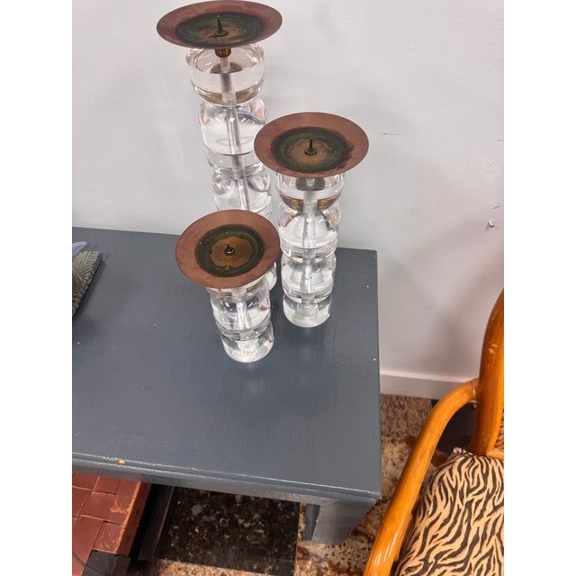 1970s Vintage Lucite and Brass Candlestick Holders, Set of 3 Graduating Sizes For Sale - Image 5 of 10