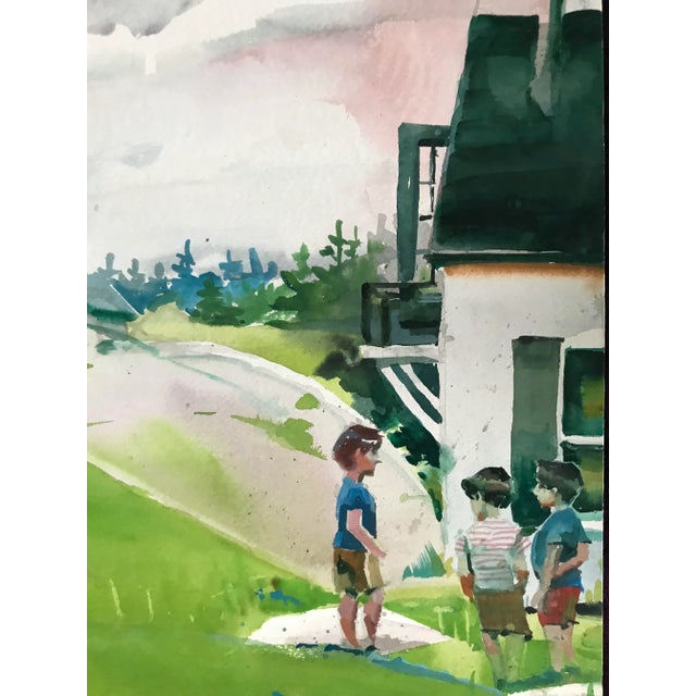 Realism Three Children Making Plans on Summer Vacation Original Watercolor For Sale - Image 3 of 5
