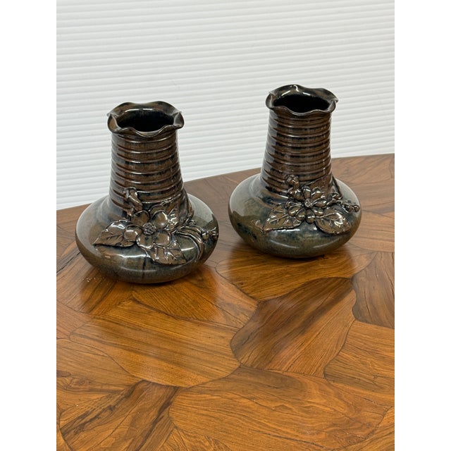 Traditional Maitland-Smith Glazed Ceramic Floral Vases, Pair For Sale - Image 3 of 12