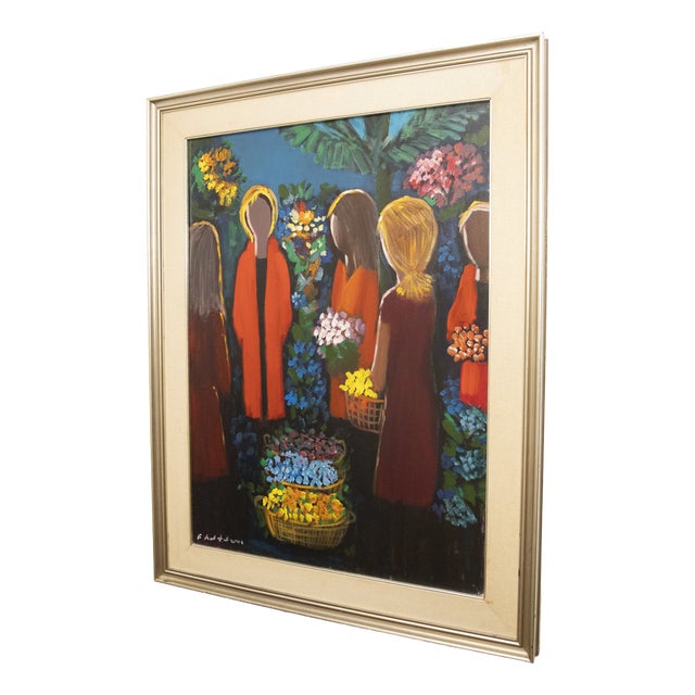 Fantuzzi, Women with Flowers, 1980s, Oil on Canvas For Sale
