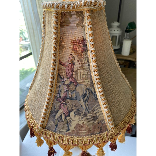 Glass Antique Ornate Table Lamp With Embroidered Tassel Shade, Carved Decorative Base & Ribbed Glass Accent, Traditional French Style For Sale - Image 7 of 12