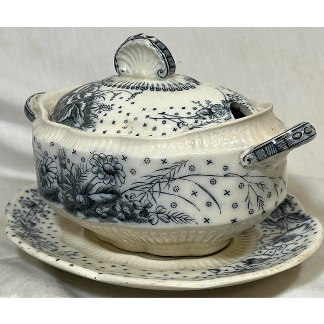 Antique Sampson Hancock Aesthetic Movement Small Tureen With Drip Plate in the Blue Poppy Floral Pattern From England - Circa 1885 For Sale - Image 10 of 12