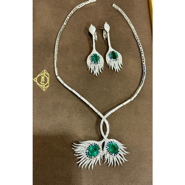 Emerald Gia Certified 20ct Zambian Emerald & 15ct Diamond Necklace Earring Suite 18kwg For Sale - Image 8 of 8