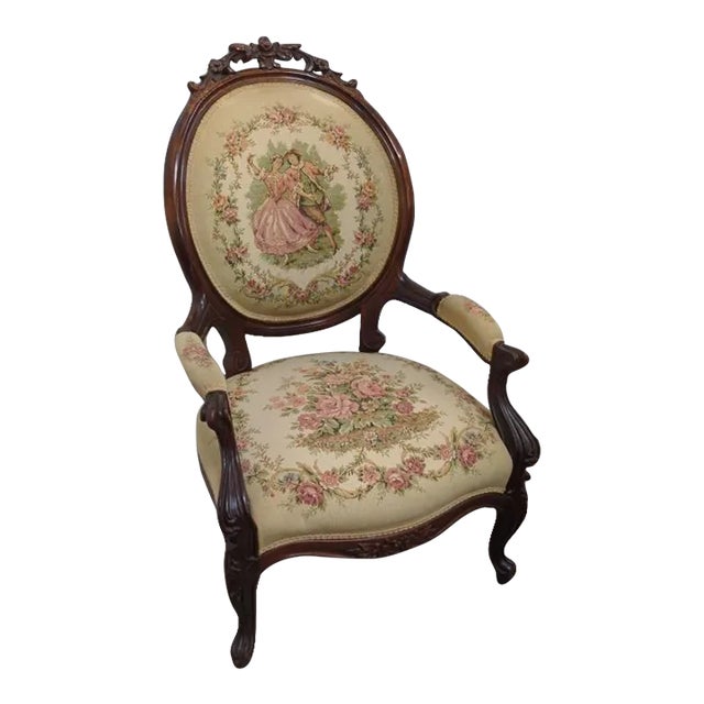Antique Walnut Balloon-Back Needlepoint Arm Chair For Sale