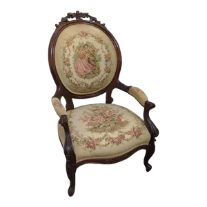 Antique Walnut Balloon-Back Needlepoint Arm Chair