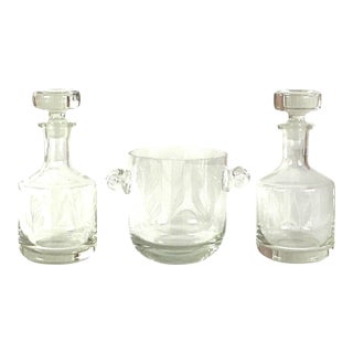 Krosno,Poland-Makers of Fine Crystal-Two Tulip,etched Decanters and a Matching Ice Bucket – Three Pieces For Sale