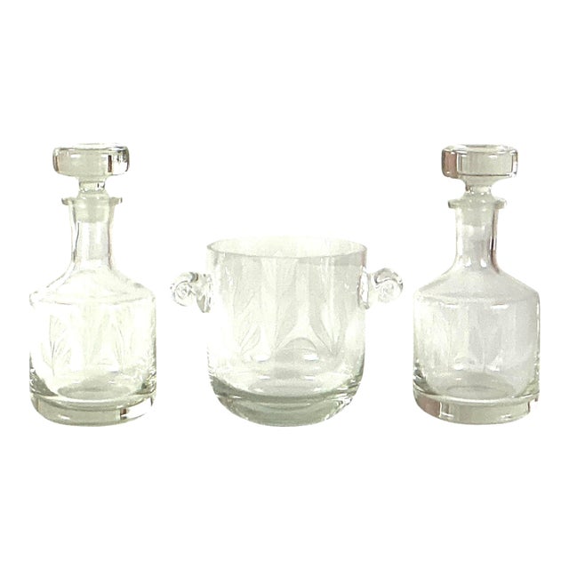 Krosno,Poland-Makers of Fine Crystal-Two Tulip,etched Decanters and a Matching Ice Bucket – Three Pieces For Sale