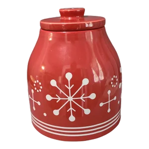 Vintage Pottery Barn Large Hold Everything Red Snowflake Covered Jar