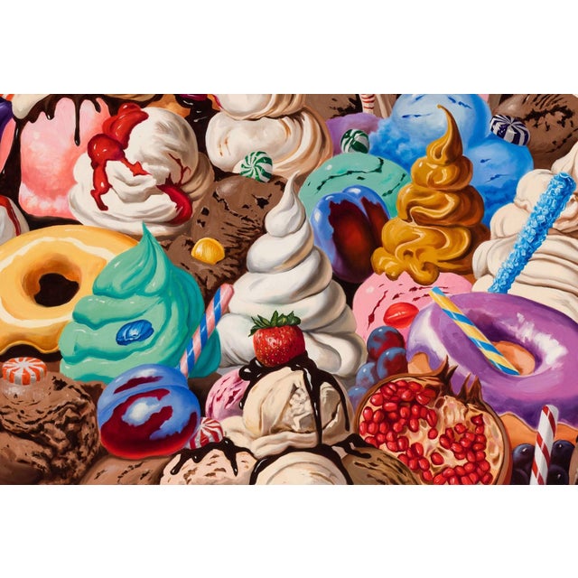 The Queen of Ice Cream by Robin Hextrum | Oil on Canvas Colorful mountain of ice cream and desserts For Sale - Image 4 of 5