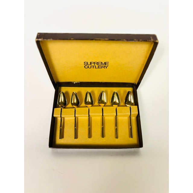 Mid-Century Modern Mid 20th Century Supreme Cutlery Gold-Plated “Bamboo Motif” Demitasse Spoons in Original Presentation Case – Set of 6 For Sale - Image 3 of 9