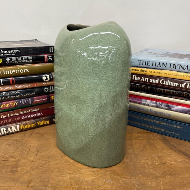 Asymmetrical Celadon Ceramic Vase with Crackle Glaze For Sale - Image 4 of 11