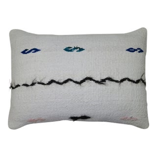 Minimalist White Black Blue Green Blush Accent Wool Vintage Turkish Kilim Pillow For Sale