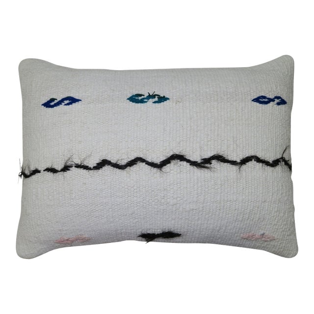 Minimalist White Black Blue Green Blush Accent Wool Vintage Turkish Kilim Pillow For Sale