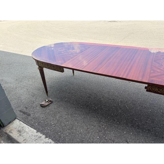 Brass 1970s Walnut Dining Table With Satinwood Marquetry, Brass Trim 2 Leafs For Sale - Image 8 of 11