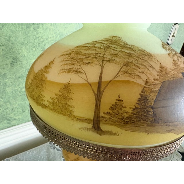 Fenton Log Cabin Hurricane Lamp Hand Painted on Custard Glass For Sale - Image 9 of 14