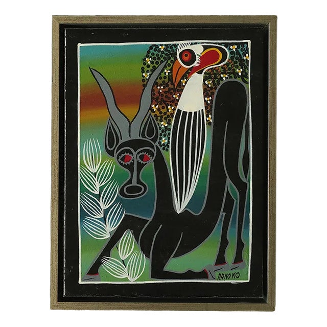 Saidi Nakoko, African Tingatinga School Composition, Oil on Canvas, 1970s, Framed For Sale