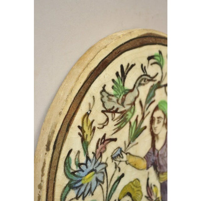 Antique Persian Iznik Qajar Style Ceramic Pottery Oval Tile Jugs Man & Woman C3 For Sale In Philadelphia - Image 6 of 10