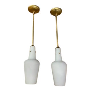 1950s Mid Century Milk Glass Pendants - a Pair For Sale