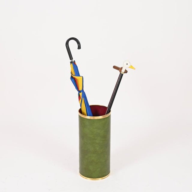 Mid-Century Green Leatherette and Brass Umbrella Stand from Aldo Tura, Italy, 1970s For Sale - Image 6 of 13