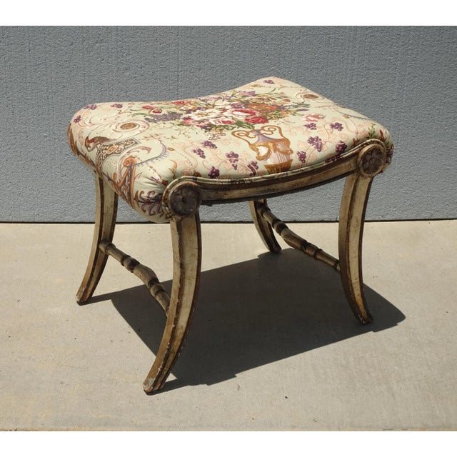 Vintage French Country Floral Bench w Silver Gilt Base 2 of 2 Gorgeous Bench in Good Vintage Condition. Solid and Firm....