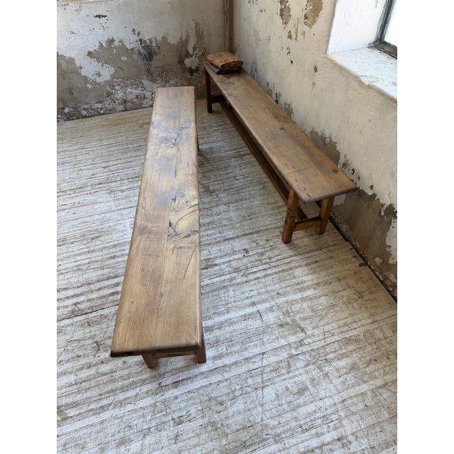 Vintage Rustic Farmhouse Benches in Oak, 1970s, Set of 2 For Sale - Image 3 of 18