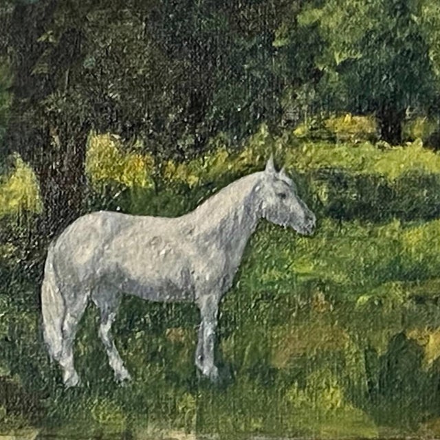 Original vintage mid century oil painting white horse in a field with trees, mountains, and a red barn on a stretched...