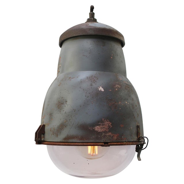 Gray Vintage French Industrial Round Gray Metal and Glass Pendant Light from Philips For Sale - Image 8 of 8