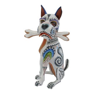 Alebrije Carved Wood Zapotec Bull Dog With Bone Oaxaca Mexico Folk Art Sculpture For Sale