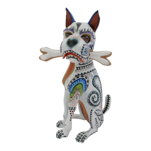 Alebrije Carved Wood Zapotec Bull Dog With Bone Oaxaca Mexico Folk Art Sculpture