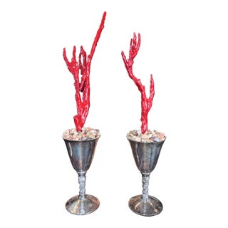 Set of Two Vintage Silver Plated Figural Goblets With Custom Made Red Faux Coral Branches For Sale