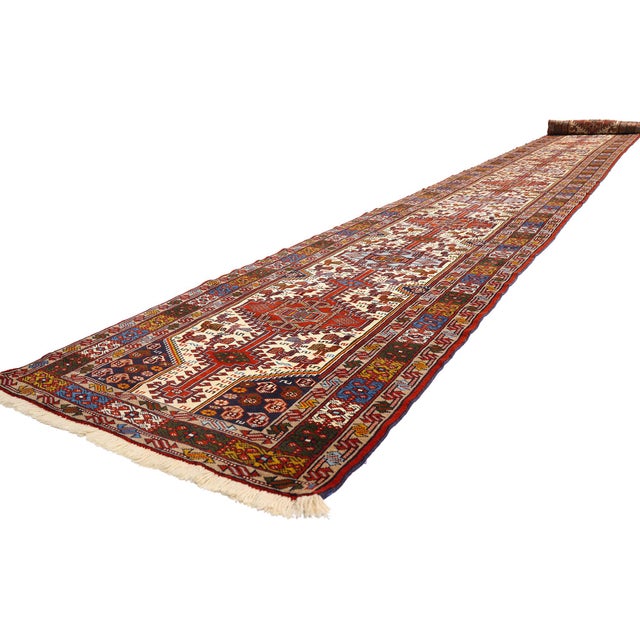 61506 Vintage Persian Shiraz Rug Runner, 03'01 x 28'01. The Endless Caravan: An Extra-Long Vintage Shiraz Runner of Tribal...