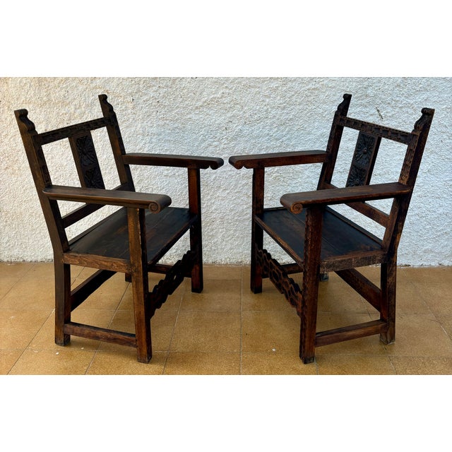Late 19th Century Set of 19th Century Spanish Colonial Carved Altar Armchairs with Wooden Seats For Sale - Image 5 of 18